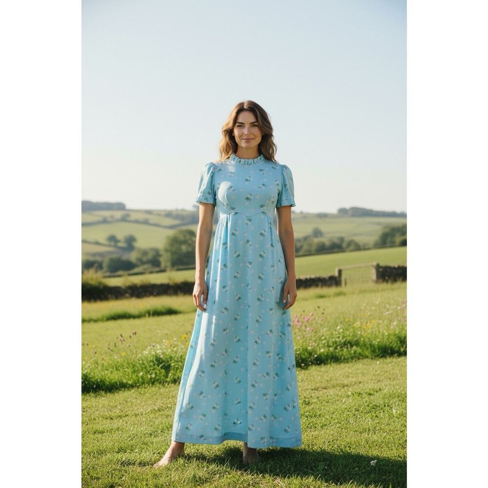 Vntg. 70s SEARS Fashions Ditsy Floral Maxi Dress Blue Prairie Boho Size Small